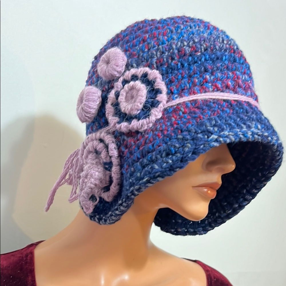 Handmade Blue & Lavender Crochet Cloche Hat